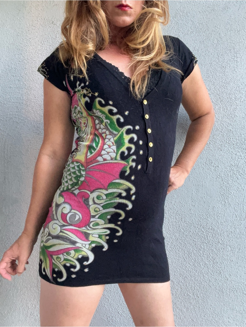 Vintage Y2K Ed Hardy Christian Audigier Dragon Mermaid Tattoo Mini Dress Size M